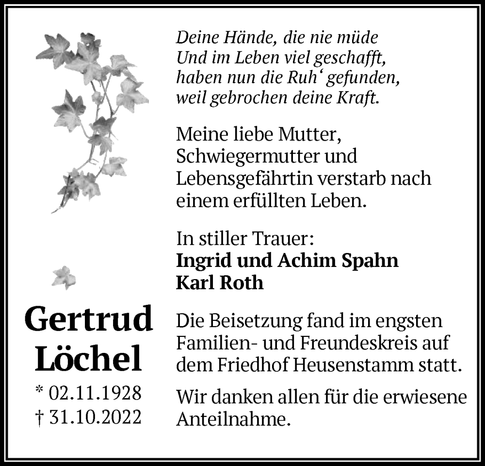  Traueranzeige für Gertrud Löchel vom 16.11.2022 aus OF