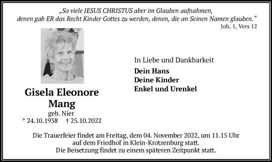 Traueranzeige von Gisela Eleonore Mang von OF