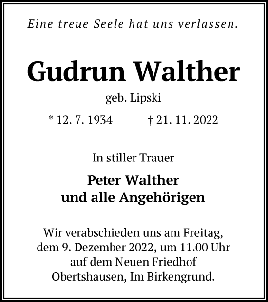 Traueranzeige von Gudrun Walther von OF