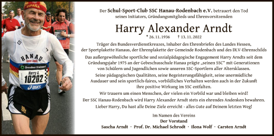 Traueranzeige von Harry Alexander Arndt von OF