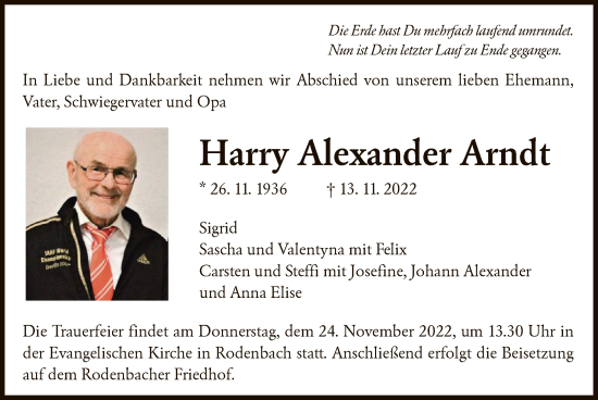 Traueranzeige von Harry Alexander Arndt von OF