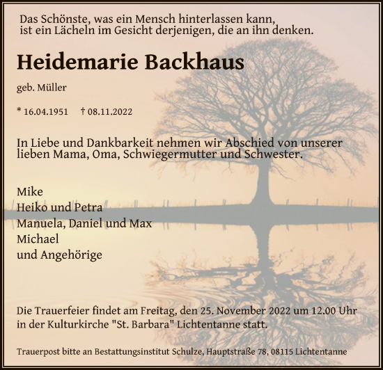 Traueranzeige von Heidemarie Backhaus von OF