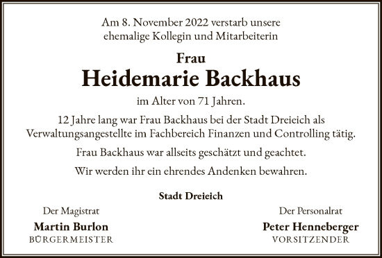 Traueranzeige von Heidemarie Backhaus von OF