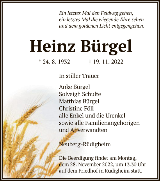 Traueranzeige von Heinz Bürgel von OF