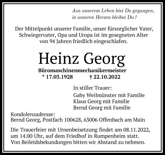 Traueranzeige von Heinz Georg von OF