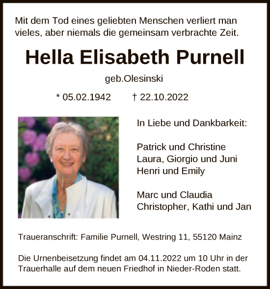 Traueranzeige von Hella Elisabeth Purnell von OF