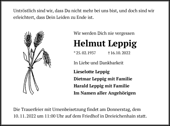 Traueranzeige von Helmut Leppig von OF