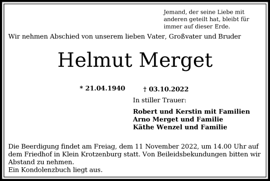 Traueranzeige von Helmut Merget von OF