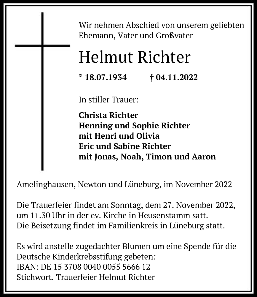  Traueranzeige für Helmut Richter vom 26.11.2022 aus OF
