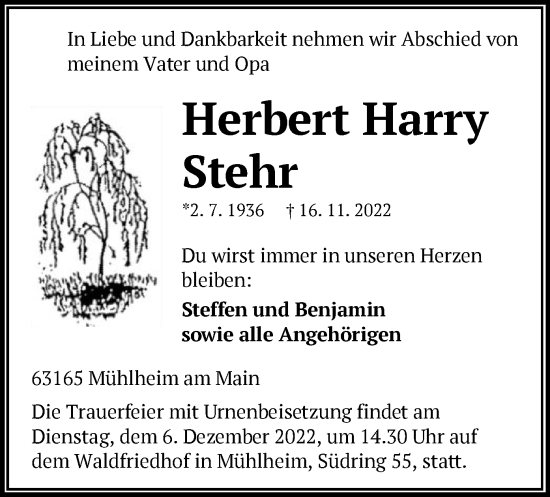 Traueranzeige von Herbert Harry Stehr von OF