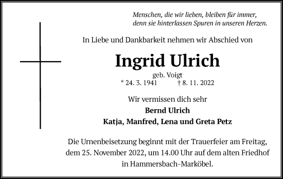 Traueranzeige von Ingrid Ulrich von OF