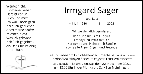 Traueranzeige von Irmgard Sager von OF