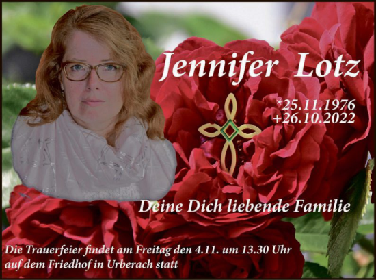 Traueranzeige von Jennifer Lotz von OF