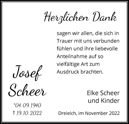 Traueranzeige von Josef Scheer von OF