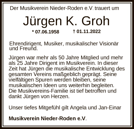 Traueranzeige von Jürgen K. Groh von OF