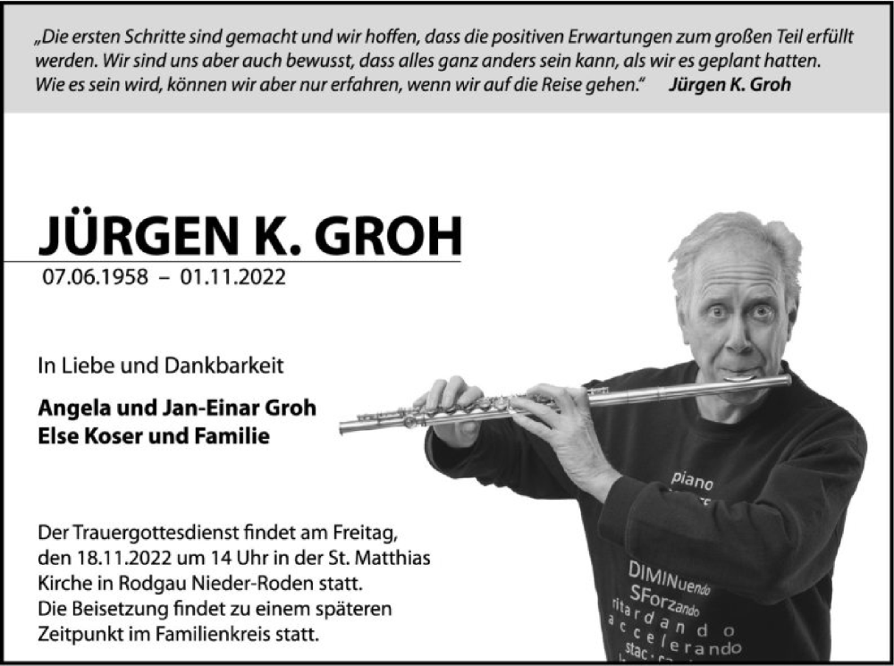  Traueranzeige für Jürgen K. Groh vom 16.11.2022 aus OF