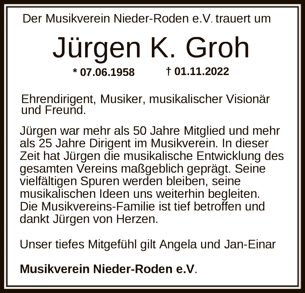  Traueranzeige für Jürgen K. Groh vom 12.11.2022 aus OF