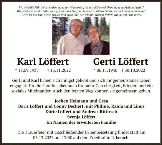 Traueranzeige von Karl und Gerti Löffert von OF