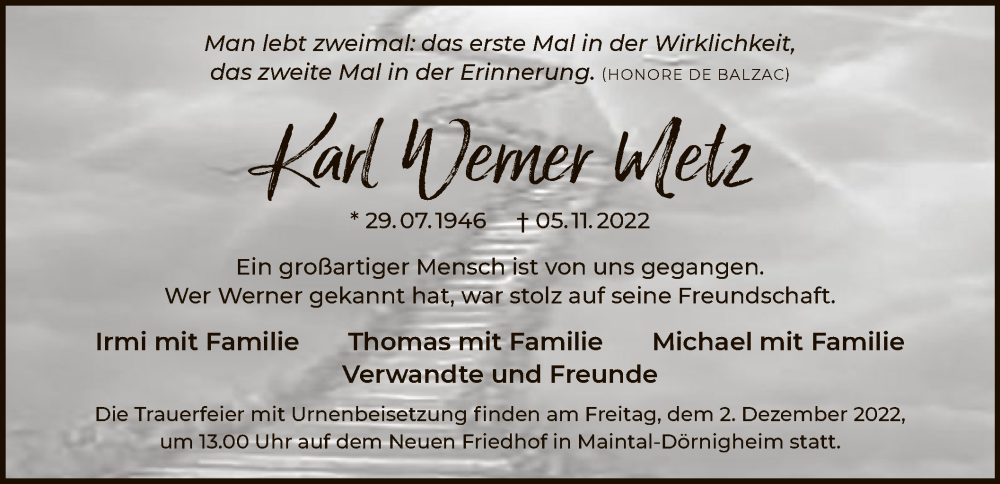 Traueranzeige für Karl Werner Metz vom 26.11.2022 aus OF