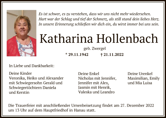 Traueranzeige von Katharina Hollenbach von OF