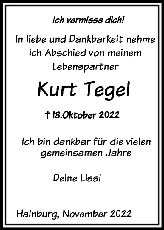 Traueranzeige von Kurt Tegel von OF