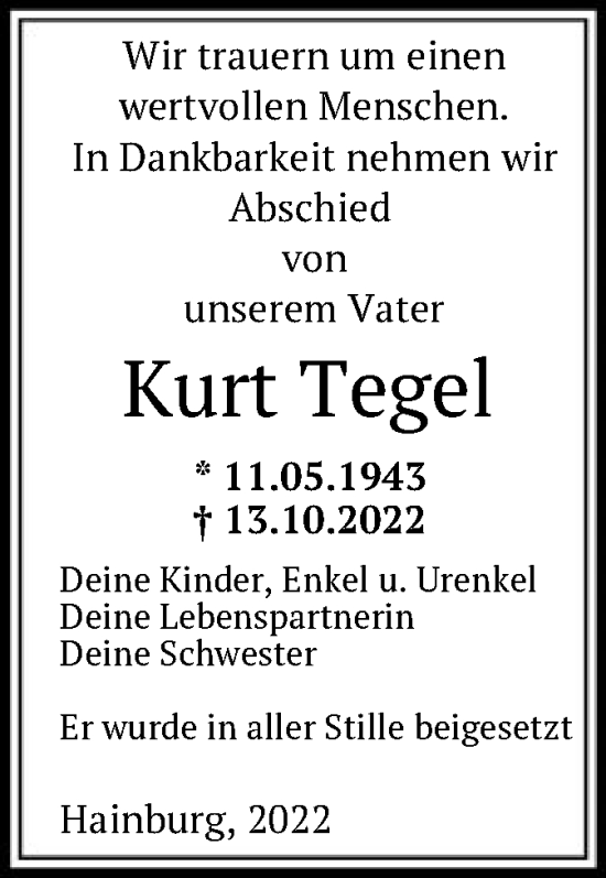 Traueranzeige von Kurt Tegel von OF