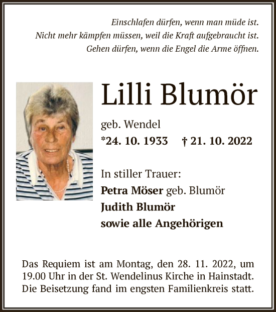 Traueranzeige von Lilli Blumör von OF