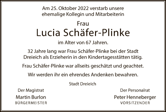 Traueranzeige von Lucia Schäfer-Plinke von OF