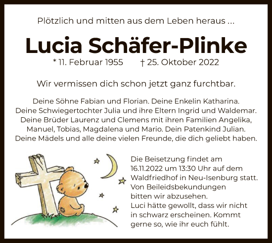 Traueranzeige von Lucia Schäfer-Plinke von OF