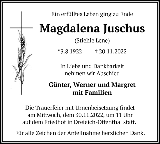 Traueranzeige von Magdalena Juschus von OF