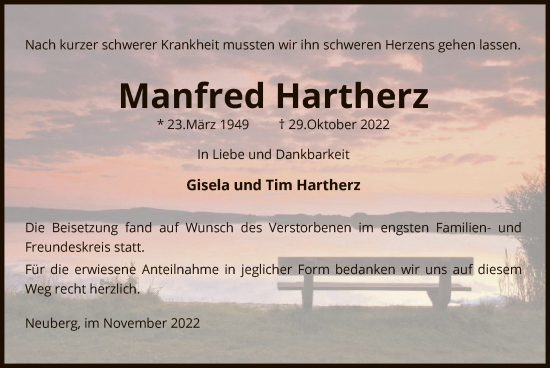 Traueranzeige von Manfred Hartherz von OF