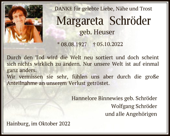 Traueranzeige von Margareta Schröder von OF