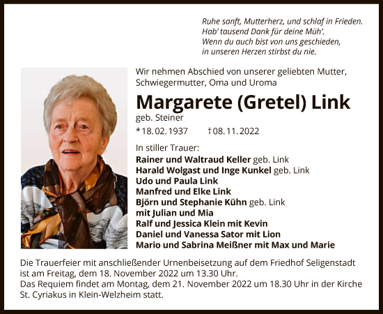 Traueranzeige von Margarete Link von OF