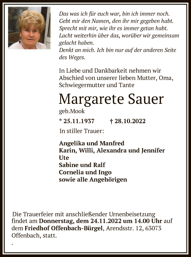  Traueranzeige für Margarete Sauer vom 12.11.2022 aus OF