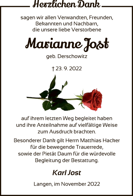 Traueranzeige von Marianne Jost von OF