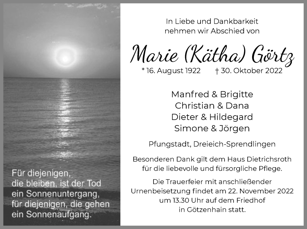  Traueranzeige für Marie Görtz vom 17.11.2022 aus OF