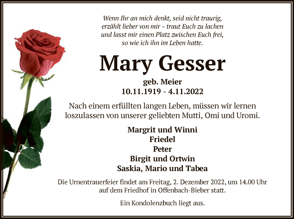  Traueranzeige für Mary Gesser vom 26.11.2022 aus OF