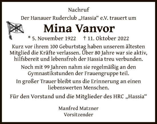 Traueranzeige von Mina Vanvor von OF