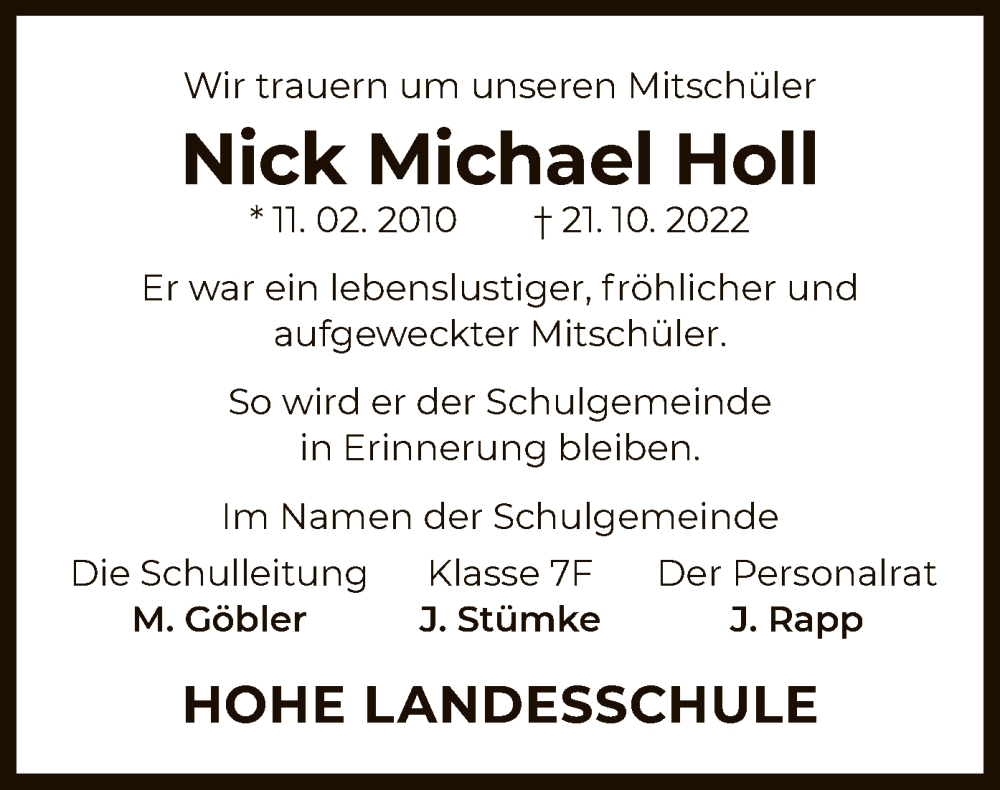  Traueranzeige für Nick Michael Holl vom 05.11.2022 aus OF