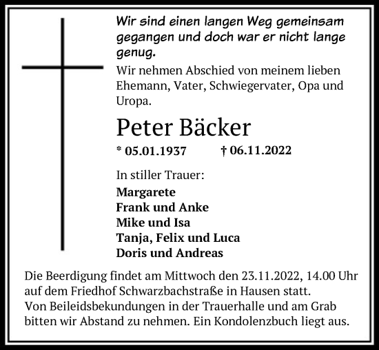 Traueranzeige von Peter Bäcker von OF