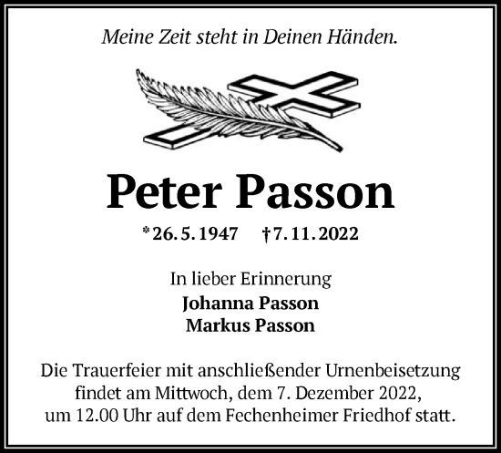 Traueranzeige von Peter Passon von OF