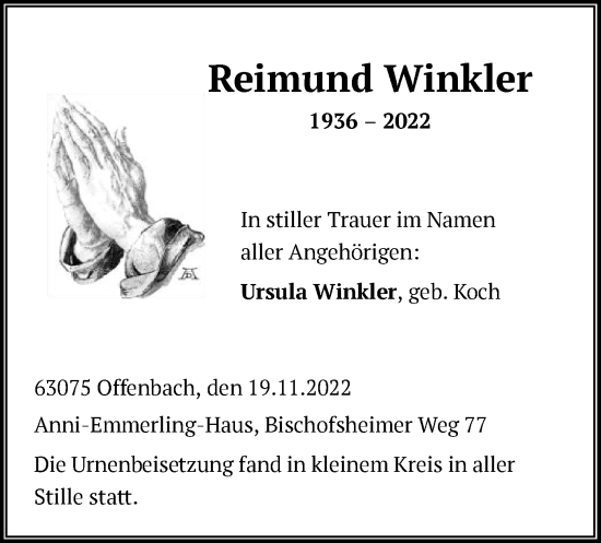 Traueranzeige von Reimund Winkler von OF