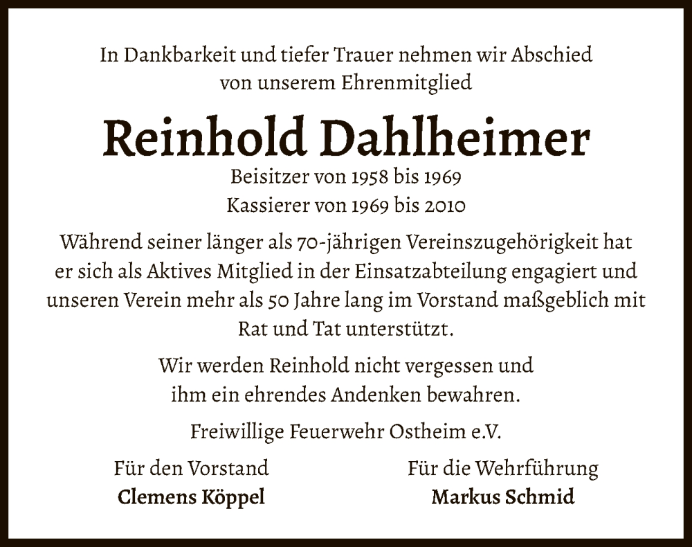  Traueranzeige für Reinhold Dahlheimer vom 23.11.2022 aus OF