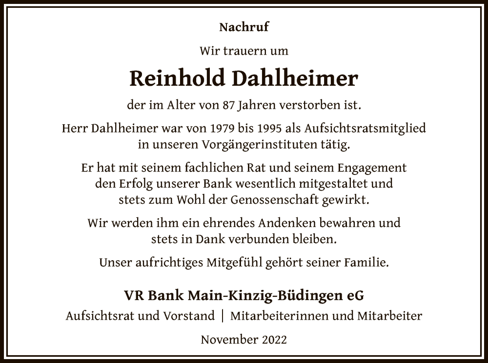  Traueranzeige für Reinhold Dahlheimer vom 26.11.2022 aus OF