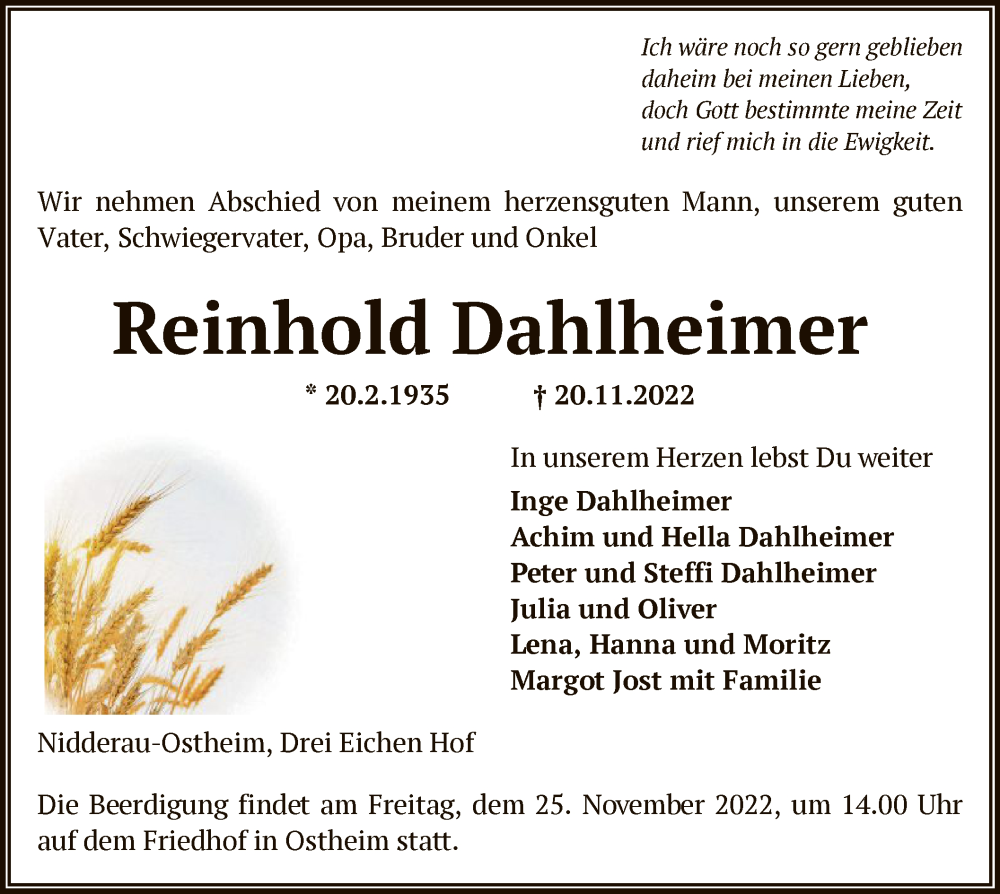  Traueranzeige für Reinhold Dahlheimer vom 23.11.2022 aus OF