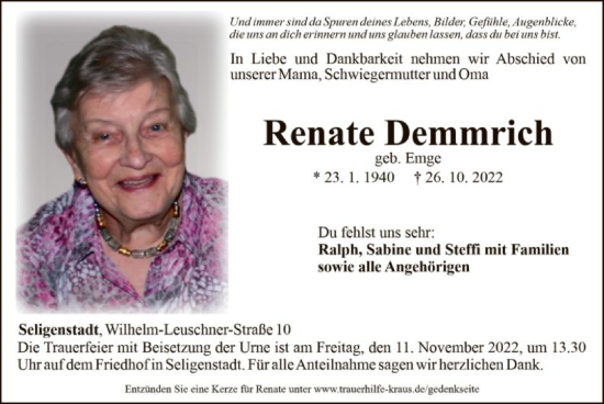 Traueranzeige von Renate Demmrich von OF