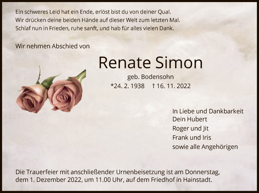  Traueranzeige für Renate Simon vom 23.11.2022 aus OF