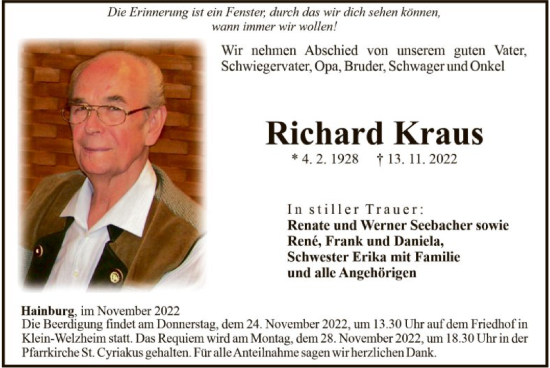 Traueranzeige von Richard Kraus von OF