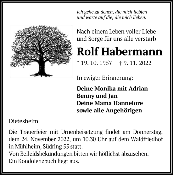 Traueranzeige von Rolf Habermann von OF