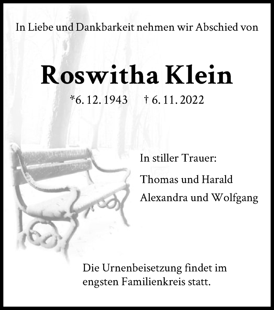  Traueranzeige für Roswitha Klein vom 24.11.2022 aus OF